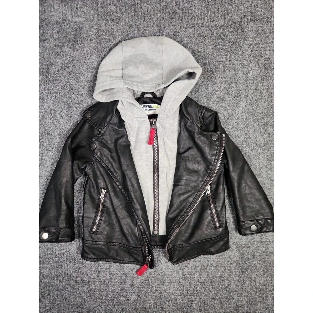 Genuine Kids OshKosh Toddler Faux Leather Moto Jacket Black Grey Hooded Coat 2T